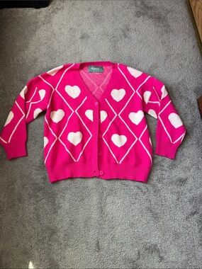 Peace Heart Argyle Cardigan Sweater Pink Button Front Cozy SIZE XL Fleece